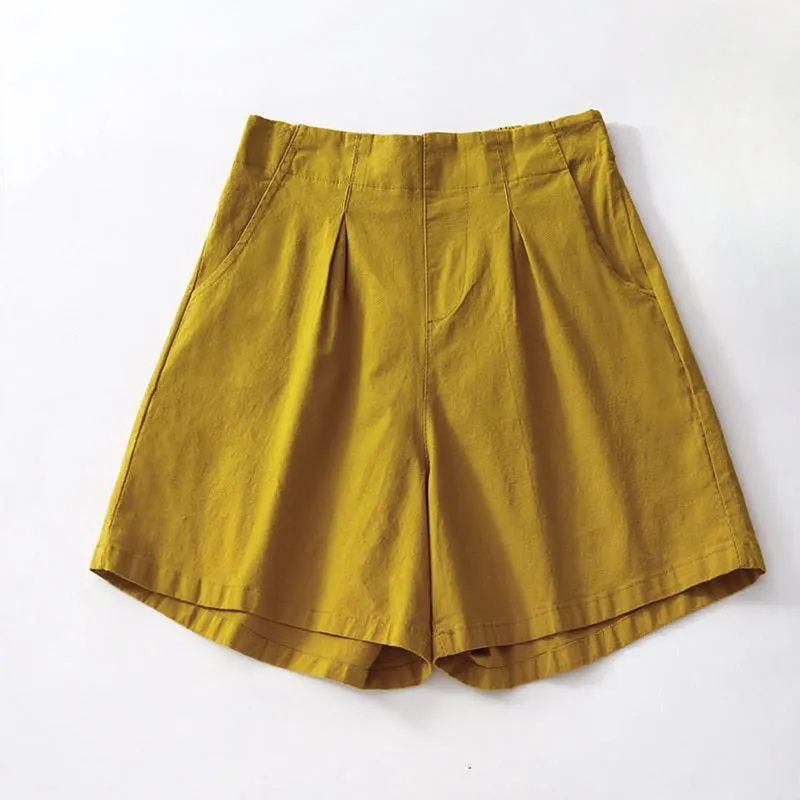 Buddha Stones Summer Casual Plain Wild Cotton Linen Women's Shorts With Pockets