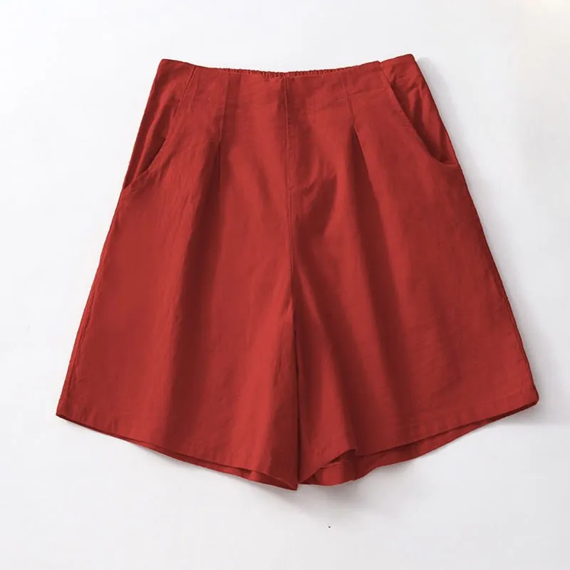 Buddha Stones Summer Casual Plain Wild Cotton Linen Women's Shorts With Pockets