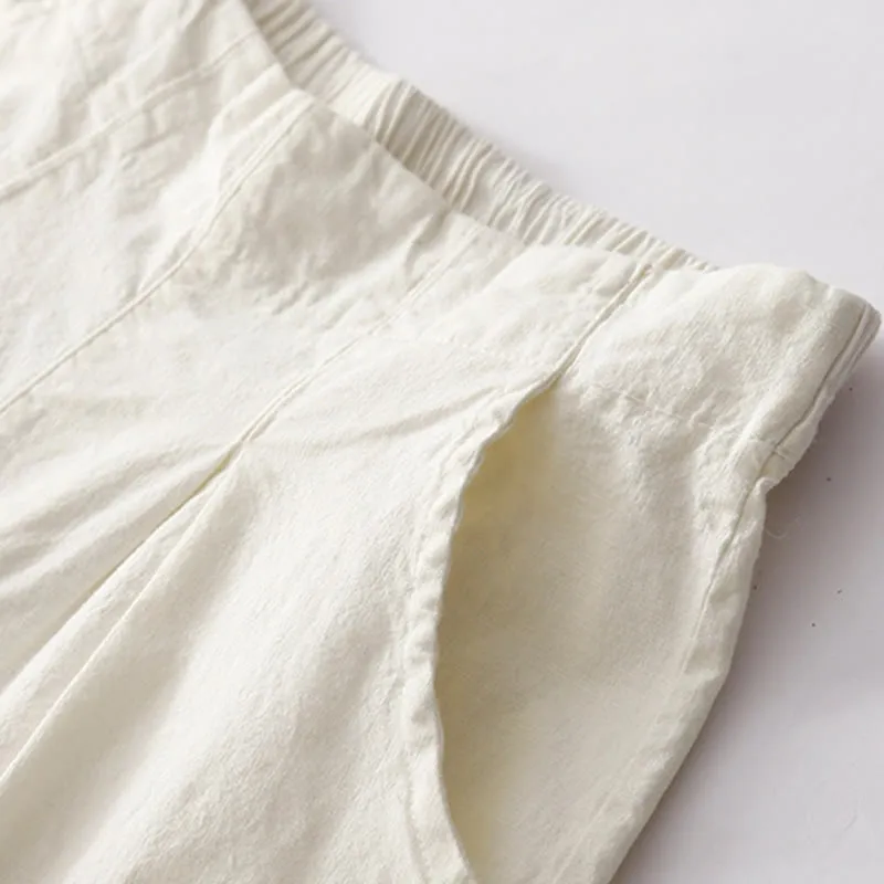 Buddha Stones Summer Casual Plain Wild Cotton Linen Women's Shorts With Pockets