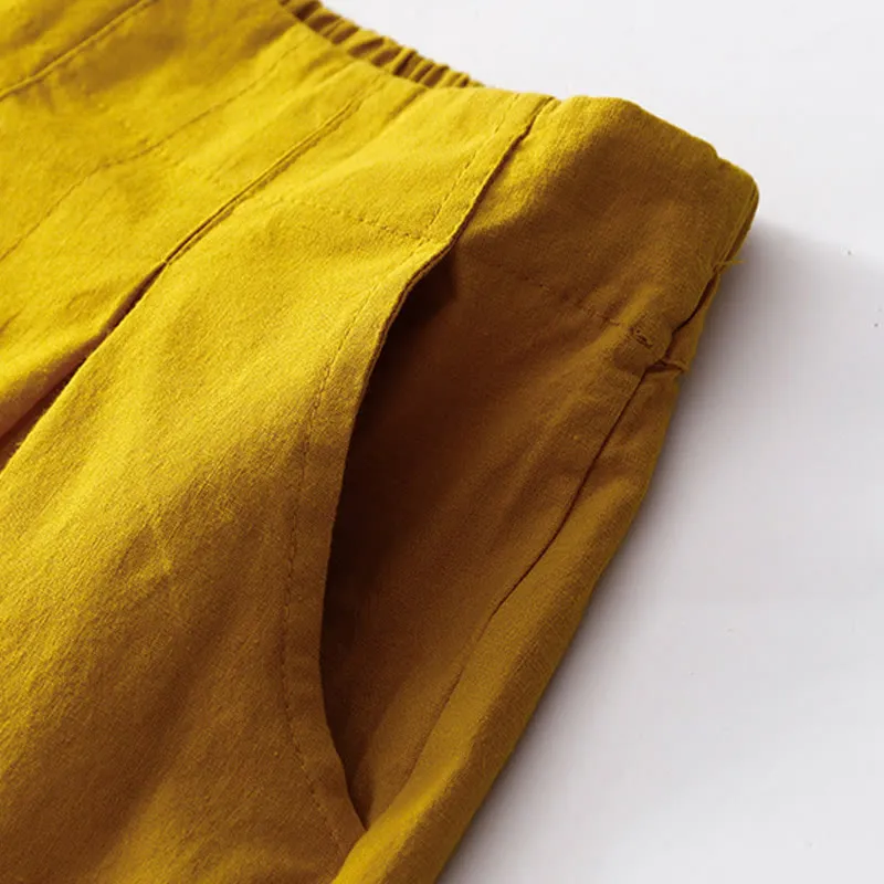 Buddha Stones Summer Casual Plain Wild Cotton Linen Women's Shorts With Pockets