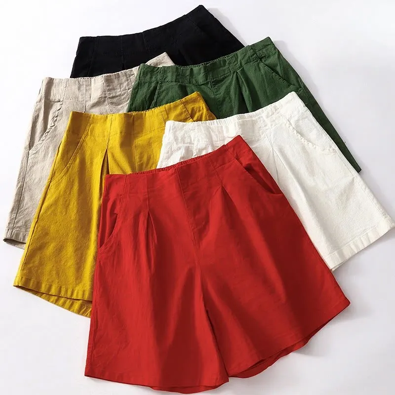 Buddha Stones Summer Casual Plain Wild Cotton Linen Women's Shorts With Pockets