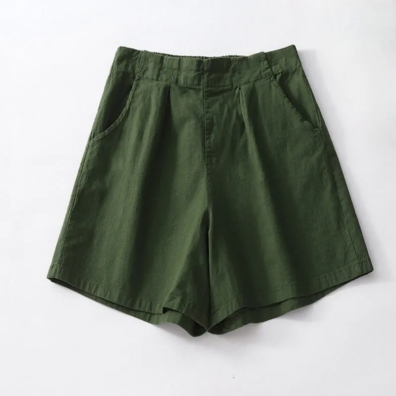 Buddha Stones Summer Casual Plain Wild Cotton Linen Women's Shorts With Pockets