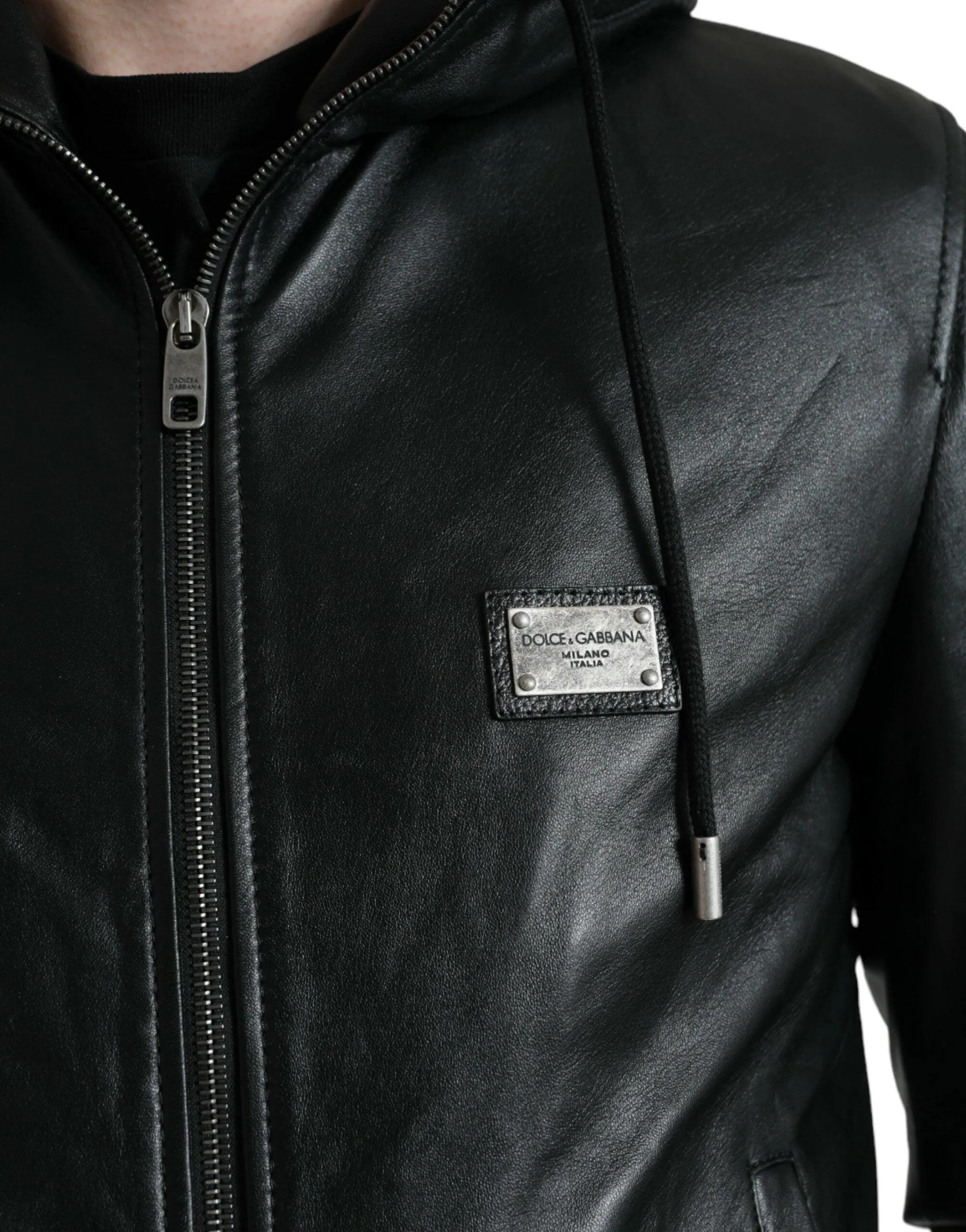 Dolce & Gabbana Black Leather Hooded Full Zip Logo Jacket
