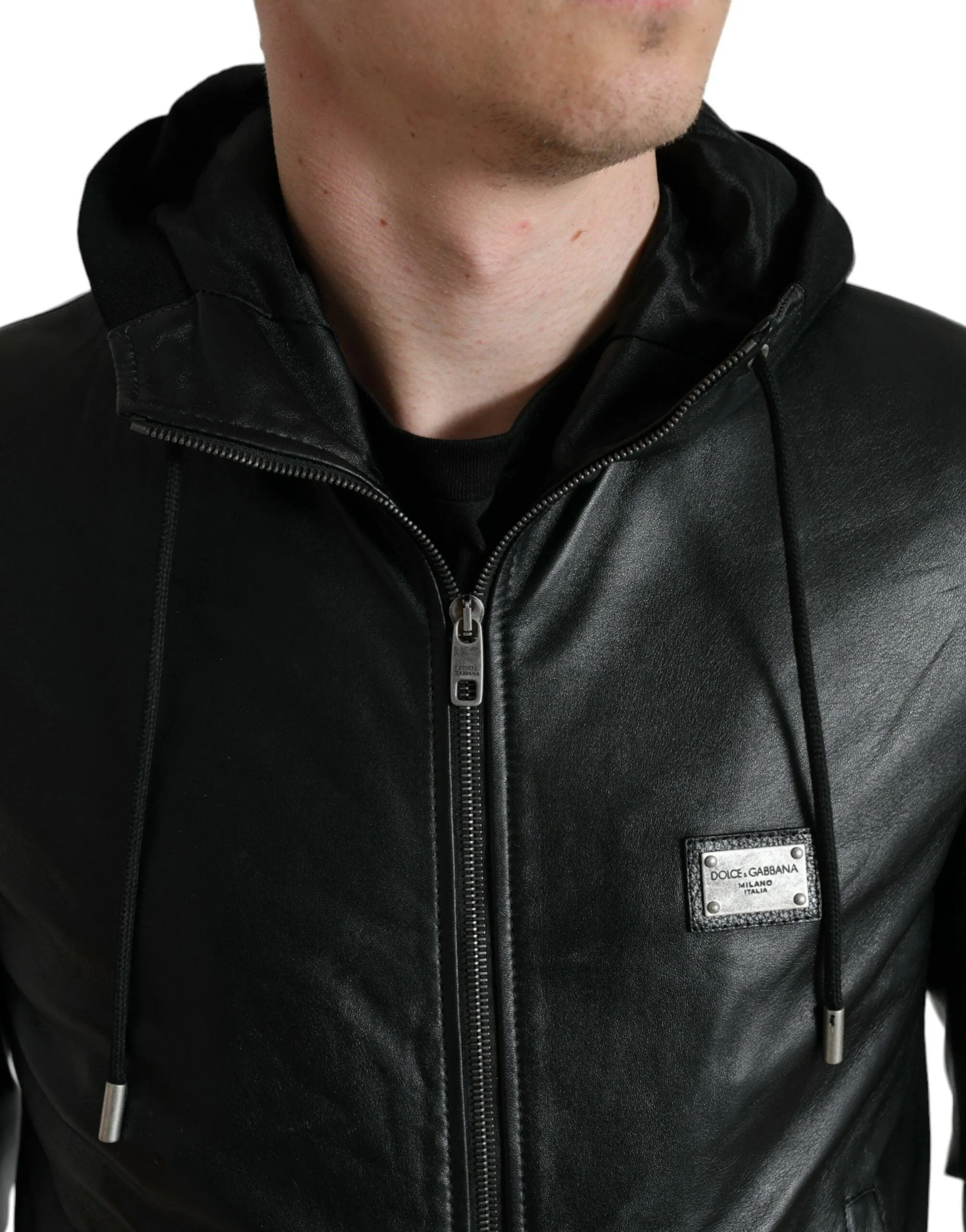 Dolce & Gabbana Black Leather Hooded Full Zip Logo Jacket