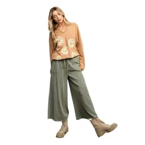 Easel EB40128 ASH GREEN Washed 100% Cotton Terry Knit Wide Leg Pants