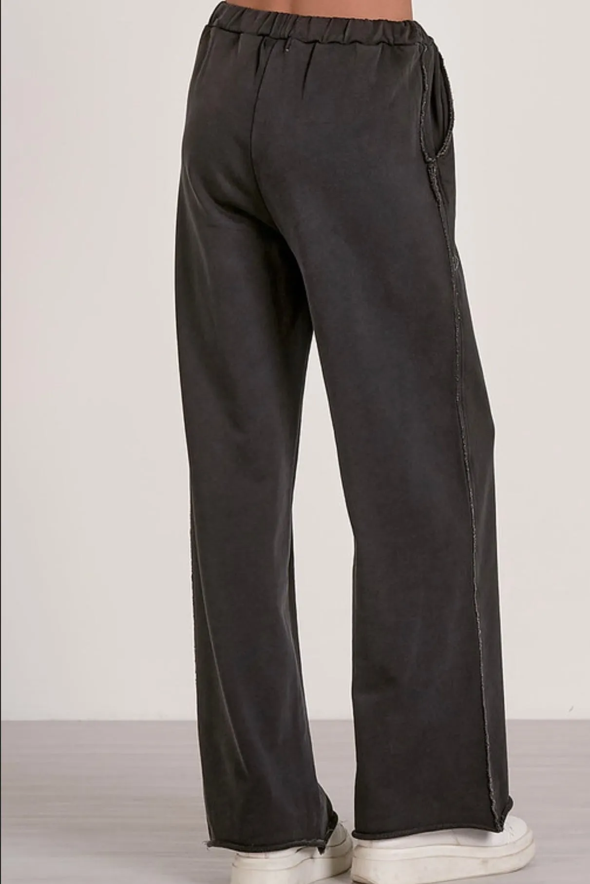 Elan Black Elastic Waistband Wide Leg Casual Pant