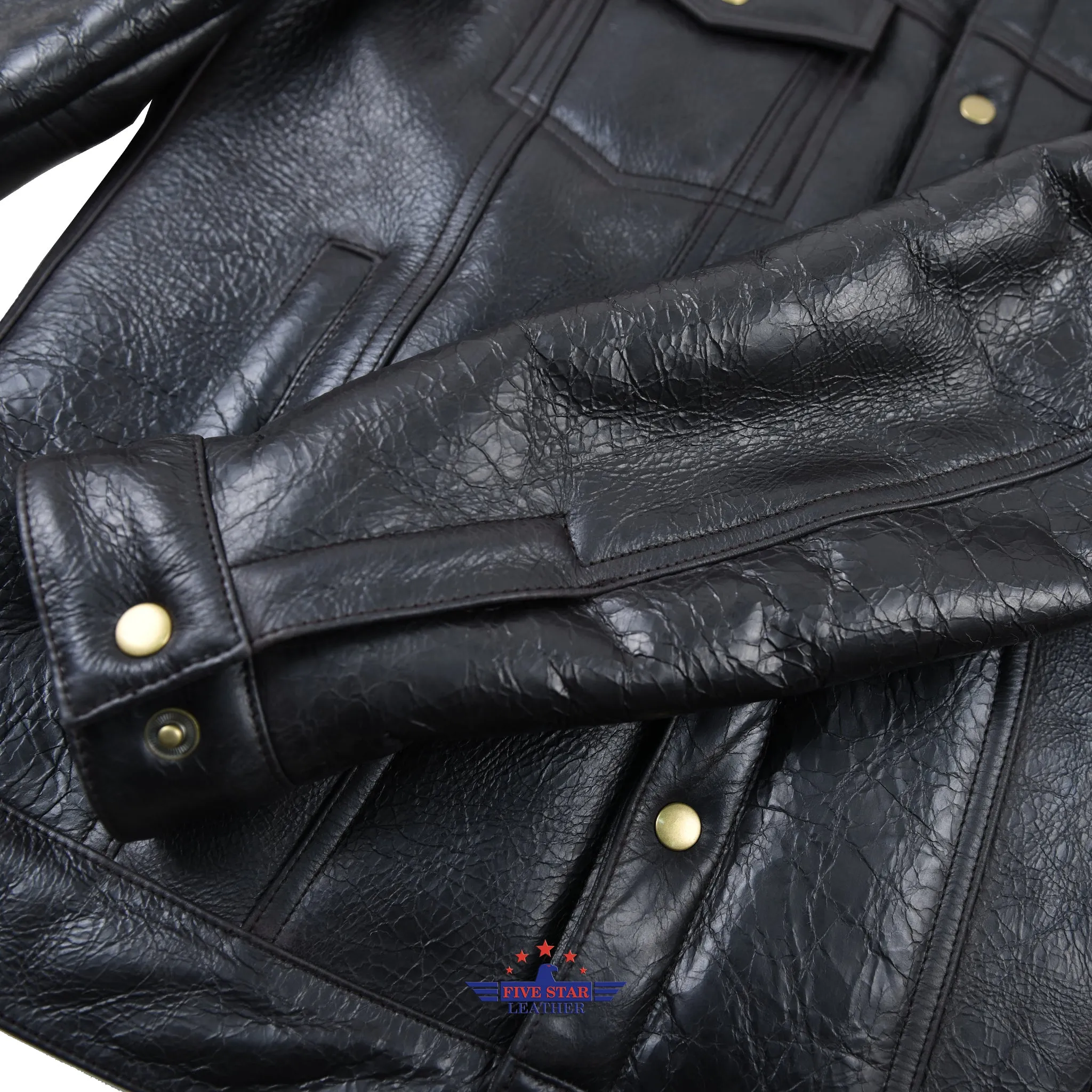 Fivestar Leather Men Trucker Jacket Sheepskin Seal Brown