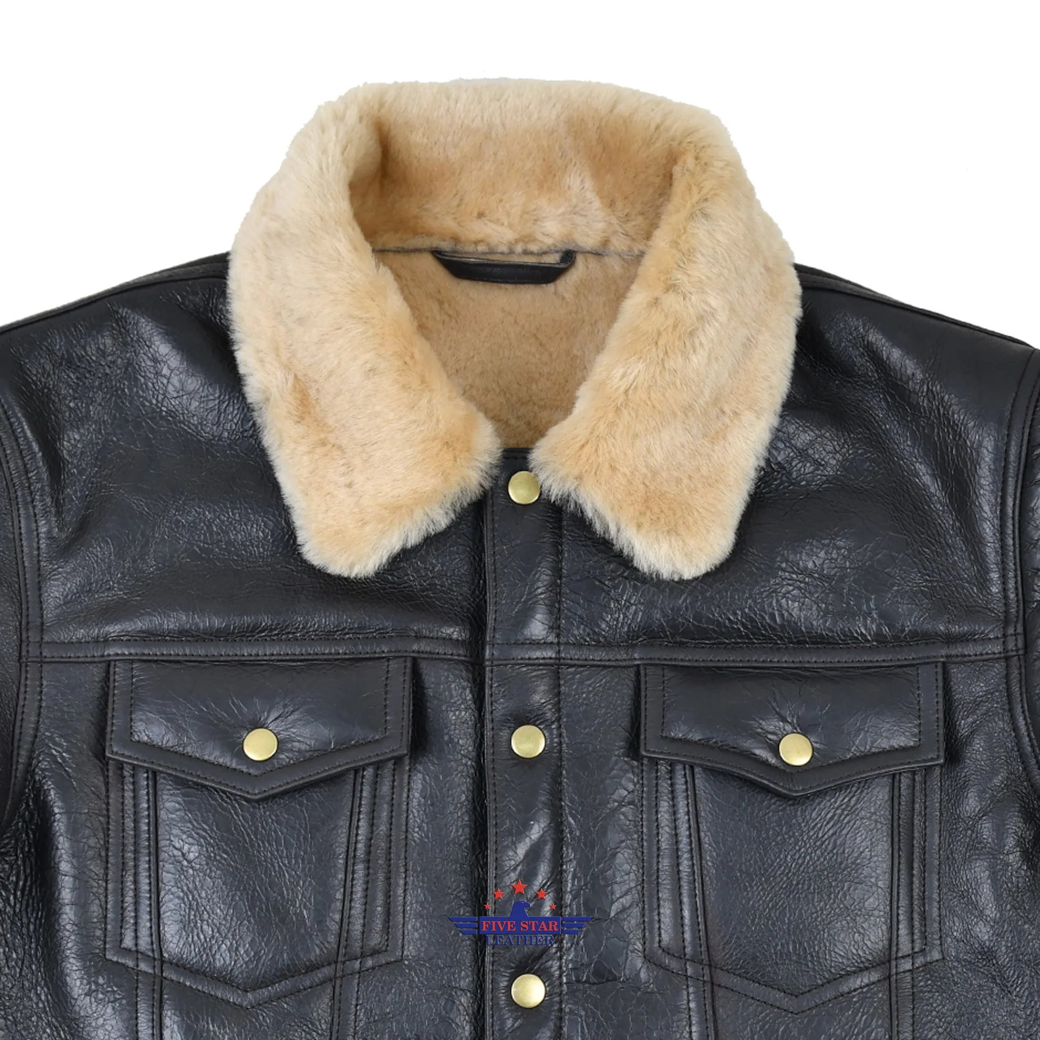 Fivestar Leather Men Trucker Jacket Sheepskin Seal Brown