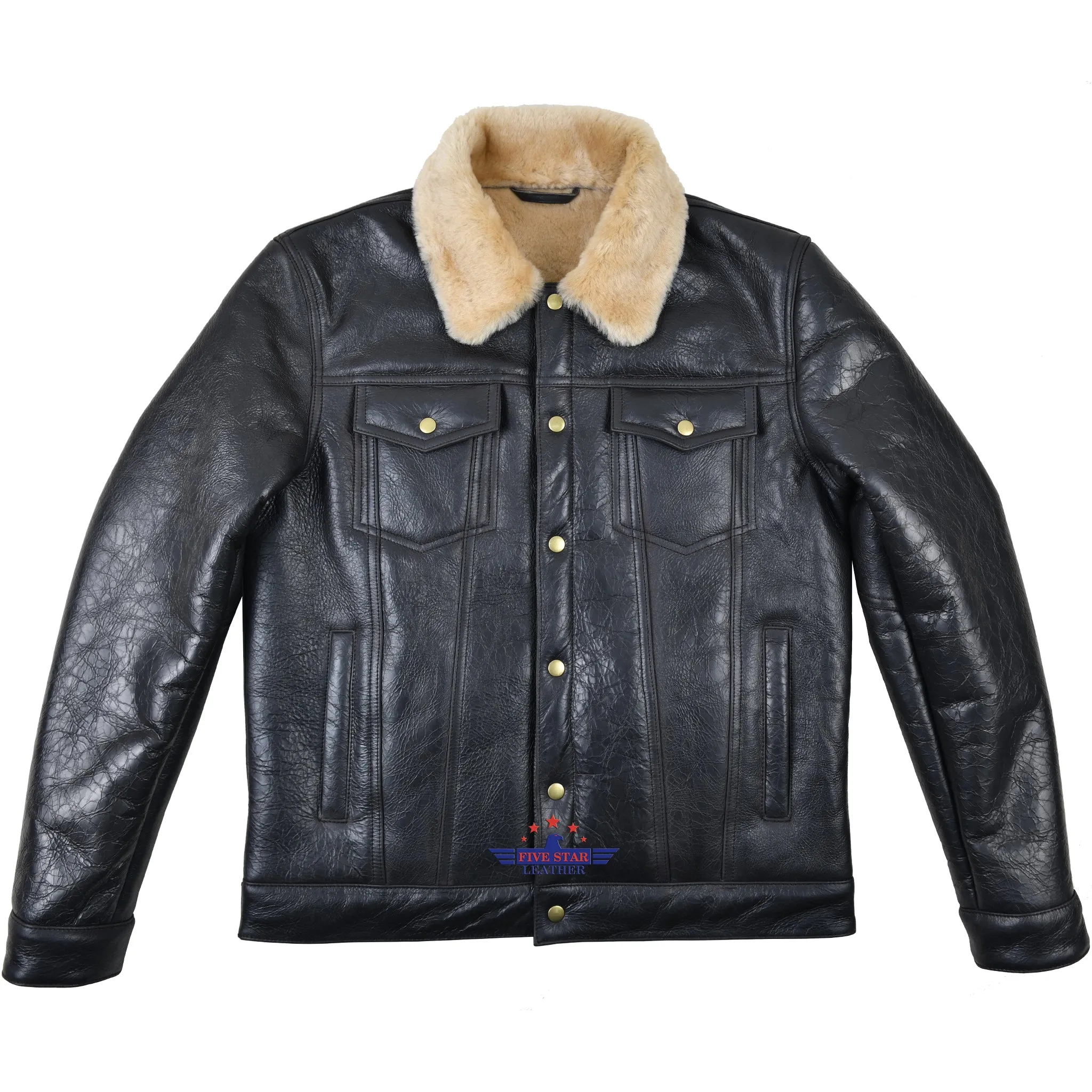 Fivestar Leather Men Trucker Jacket Sheepskin Seal Brown