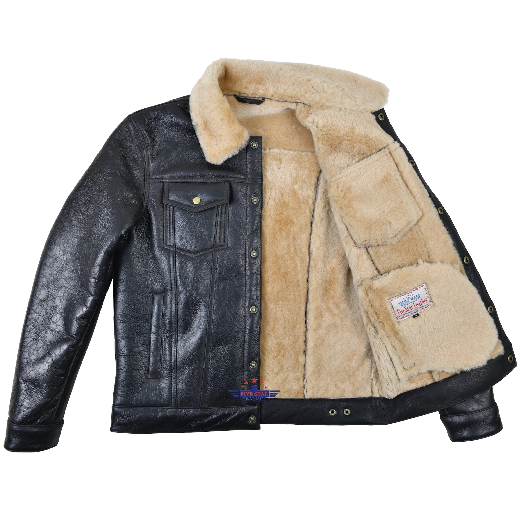 Fivestar Leather Men Trucker Jacket Sheepskin Seal Brown