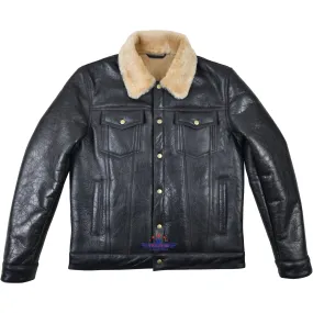 Fivestar Leather Men Trucker Jacket Sheepskin Seal Brown