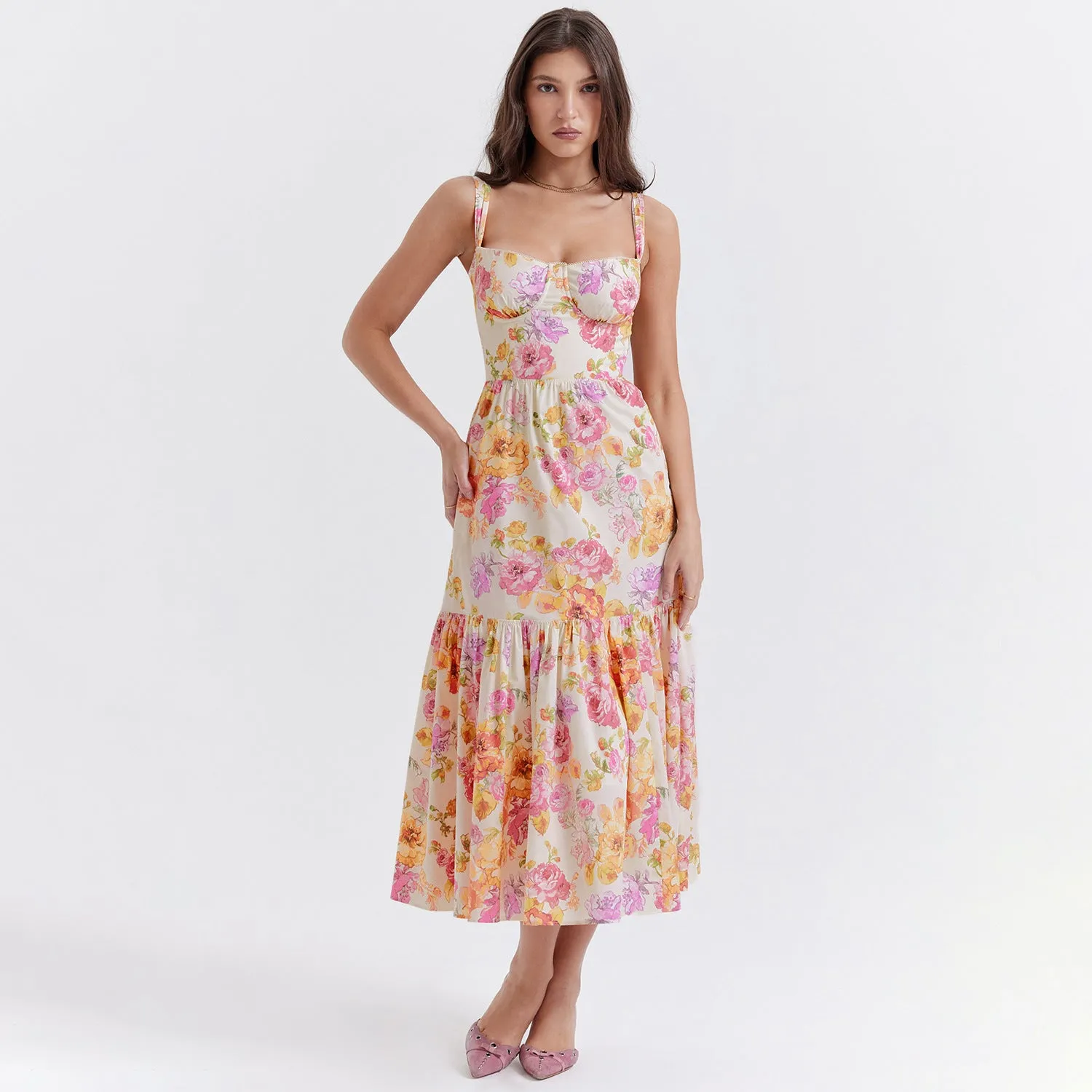 Floral Print Camisole Pleated Lace Dress