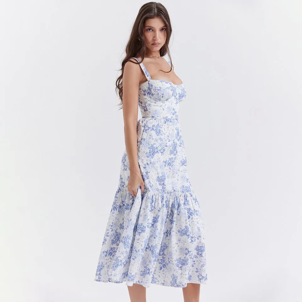Floral Print Camisole Pleated Lace Dress