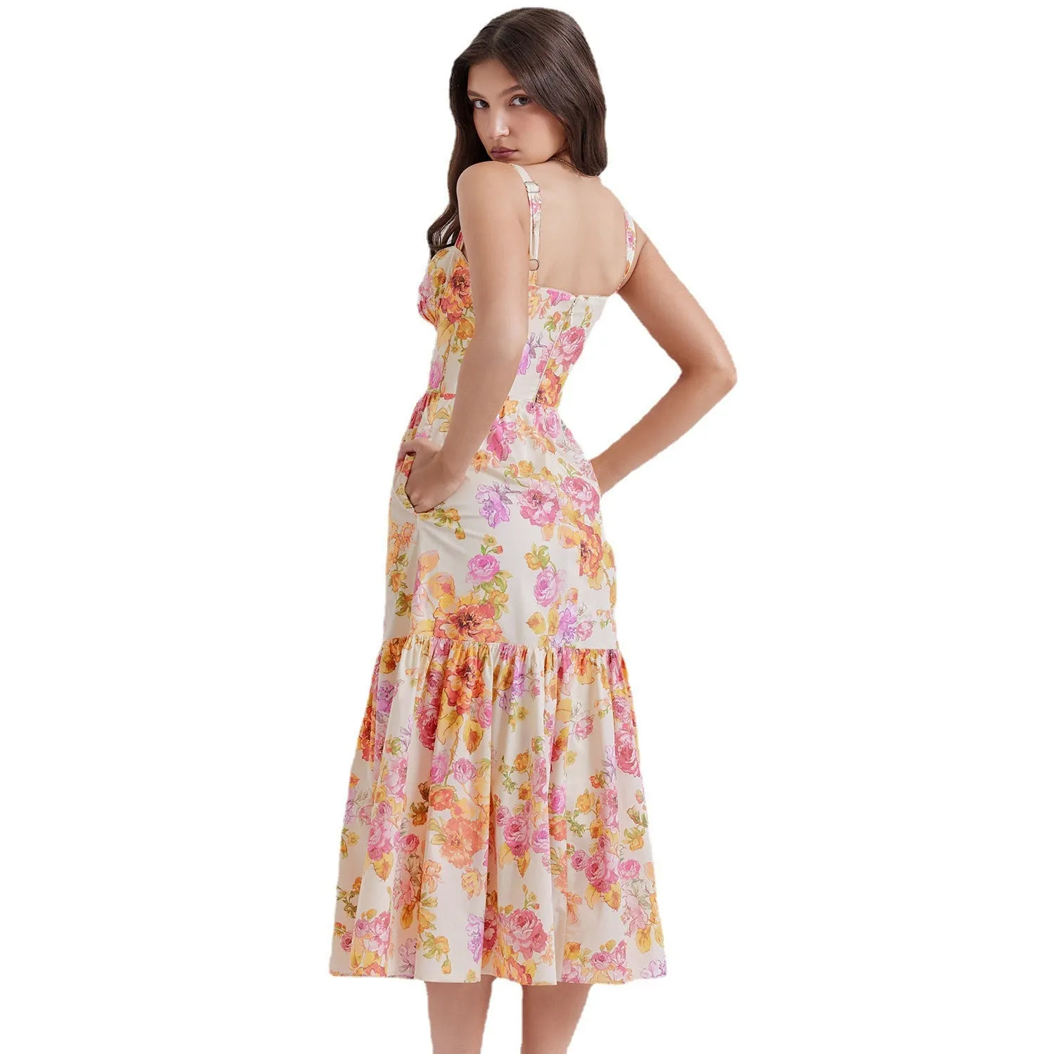 Floral Print Camisole Pleated Lace Dress