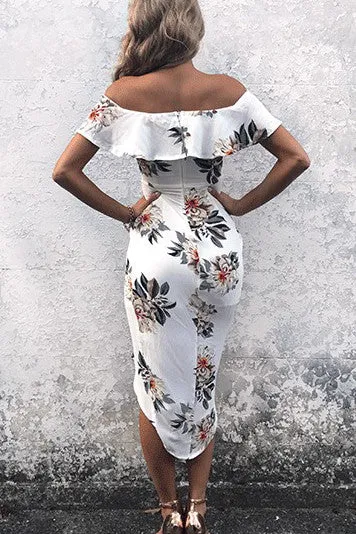 Floral Print Ruffle Off Shoulder Boat Neckline Irregular Short Dress