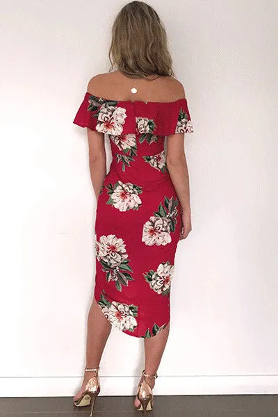Floral Print Ruffle Off Shoulder Boat Neckline Irregular Short Dress