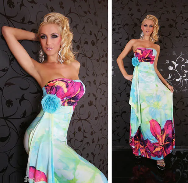 Floral Print Strapless Sky Blue Maxi Boho Hippie