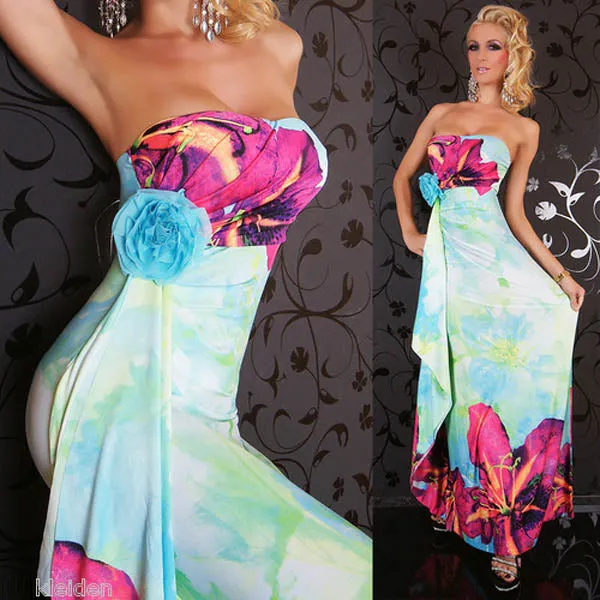 Floral Print Strapless Sky Blue Maxi Boho Hippie