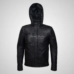 GHOST PROTOCOL Black Wrinkle Leather Hooded Blouson Jacket