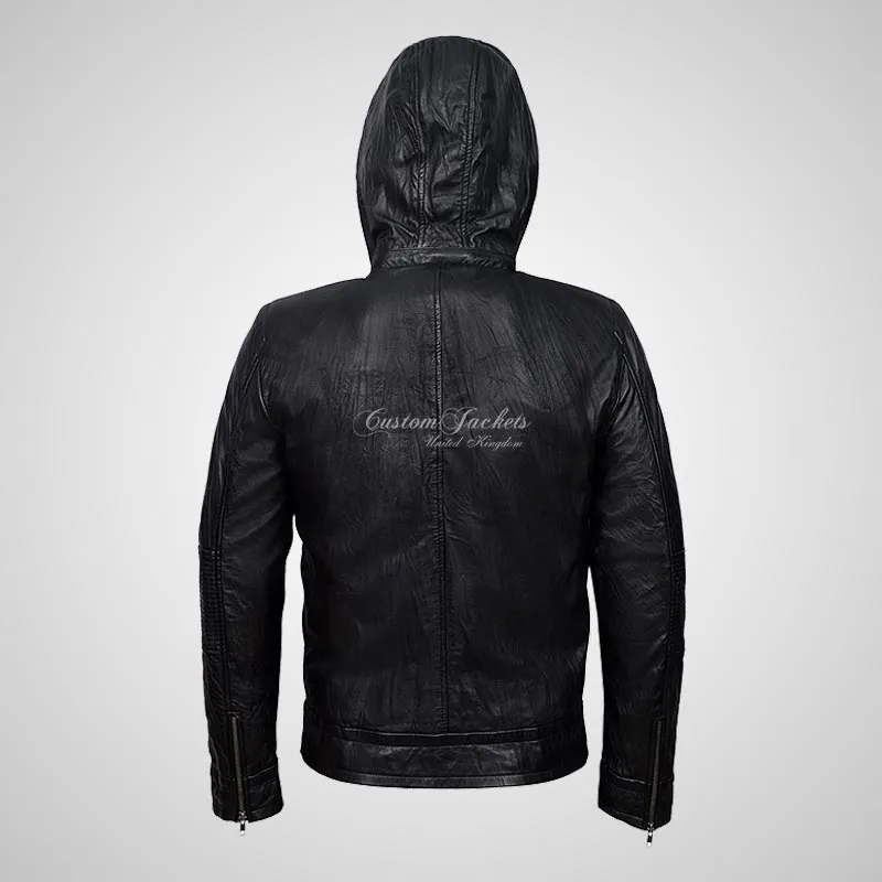 GHOST PROTOCOL Black Wrinkle Leather Hooded Blouson Jacket