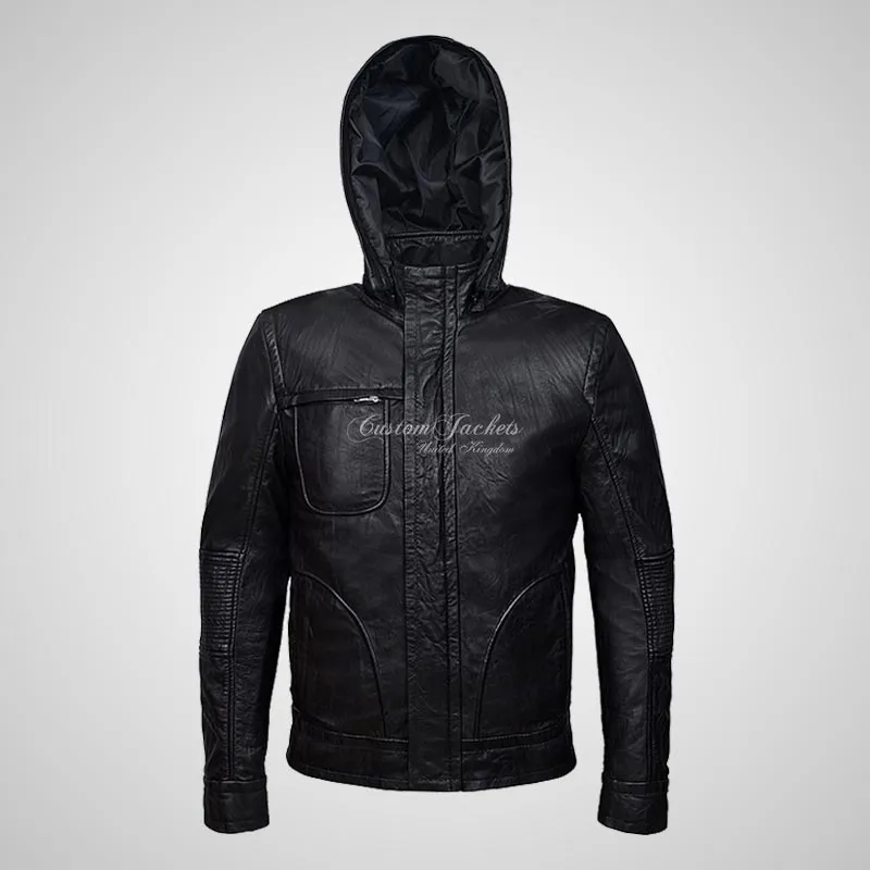 GHOST PROTOCOL Black Wrinkle Leather Hooded Blouson Jacket