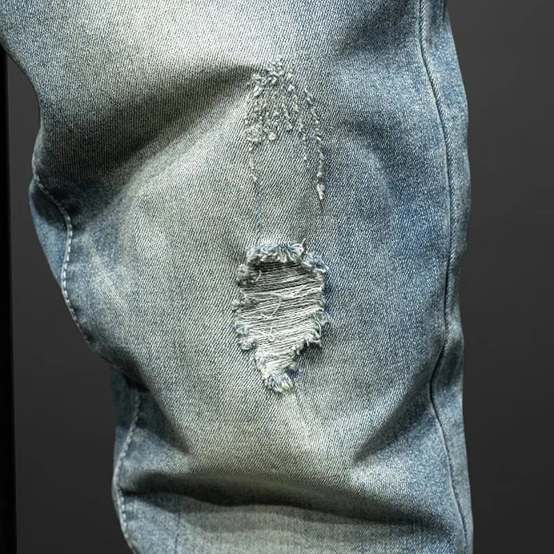 KSTUN Hip Hop Jeans Men Slim Fit Ripped Men's Pants Mens Clothing Distressed Retro Blue Stretch Denim Pants Casaul Jeans Tapered