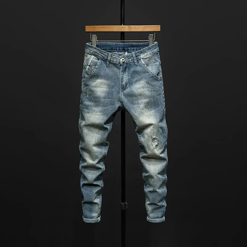 KSTUN Hip Hop Jeans Men Slim Fit Ripped Men's Pants Mens Clothing Distressed Retro Blue Stretch Denim Pants Casaul Jeans Tapered