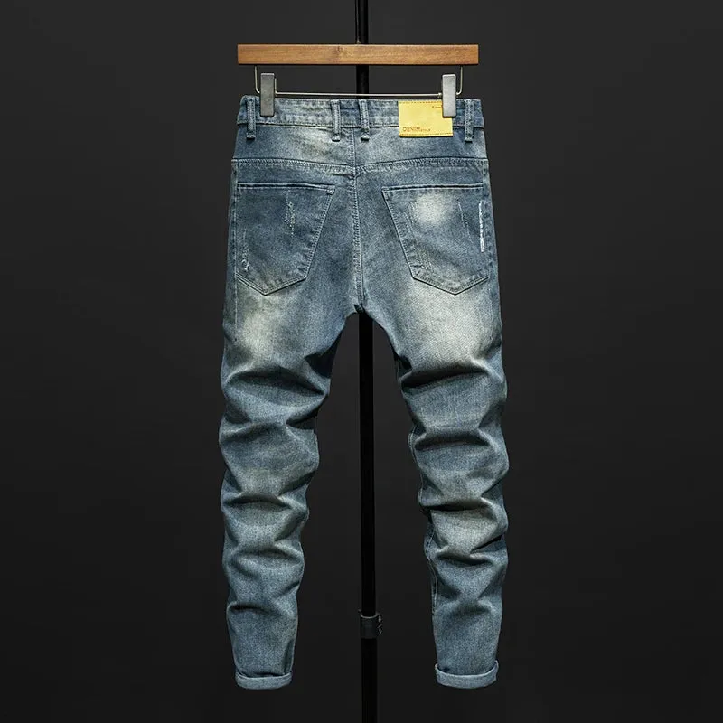 KSTUN Hip Hop Jeans Men Slim Fit Ripped Men's Pants Mens Clothing Distressed Retro Blue Stretch Denim Pants Casaul Jeans Tapered