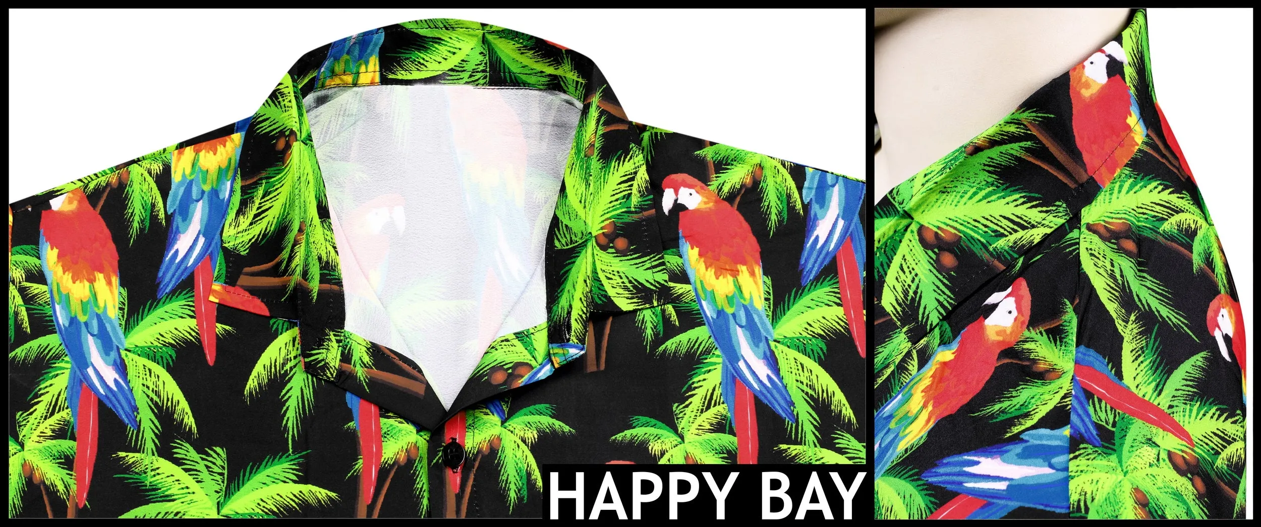 LA LEELA Parrot's Lagoon Men's Hawaiian Palm Tree Print Casual Shirts Short Sleeve Shirts Black_AA373