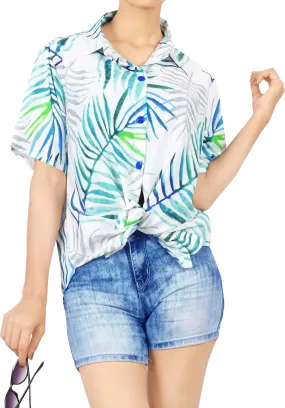 La Leela Women's Coastal Fern Hawaiian Aloha Tropical Beach  Short Sleeve Relaxed Fit Blouse Printed Shirt Multi-Color