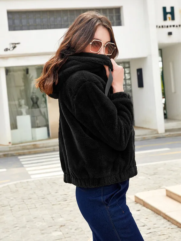 Lora Plush Hooded Long Sleeve Warm Short Jacket