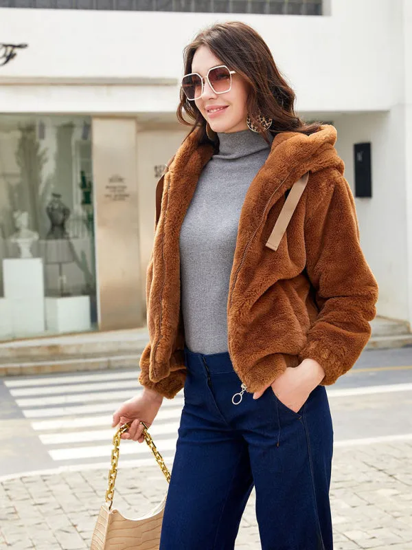 Lora Plush Hooded Long Sleeve Warm Short Jacket