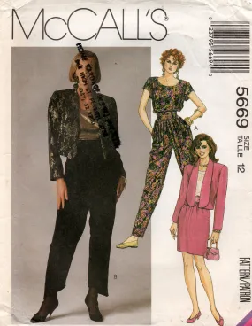 McCall's 5669 Womens Jacket Top Pleated Harem Pants & Skirt 1990s Vintage Sewing Pattern Size 12 Bust 34 inches UNCUT Factory Folded