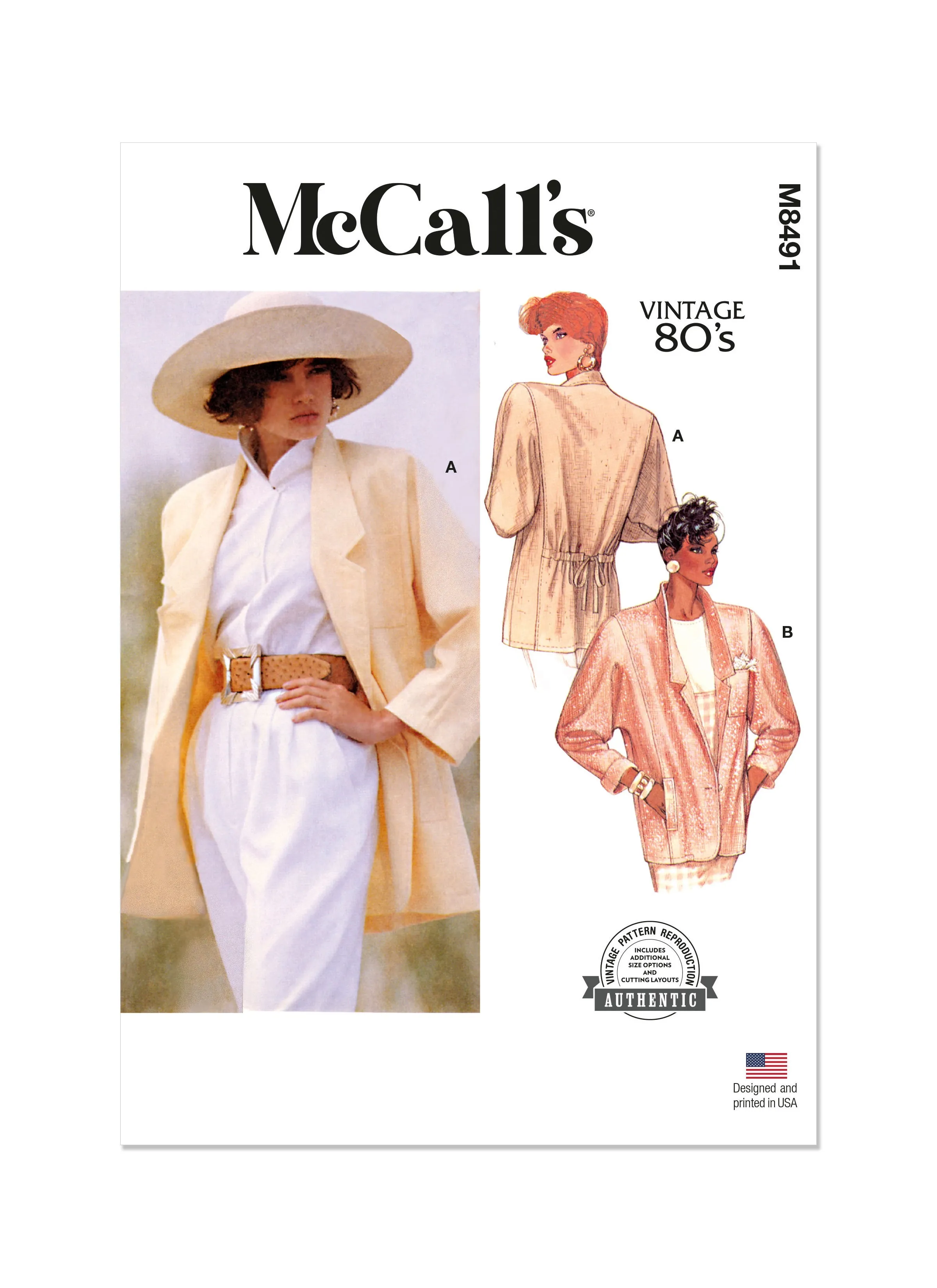 McCall's Sewing Pattern 8491 1980's Unlined Jacket