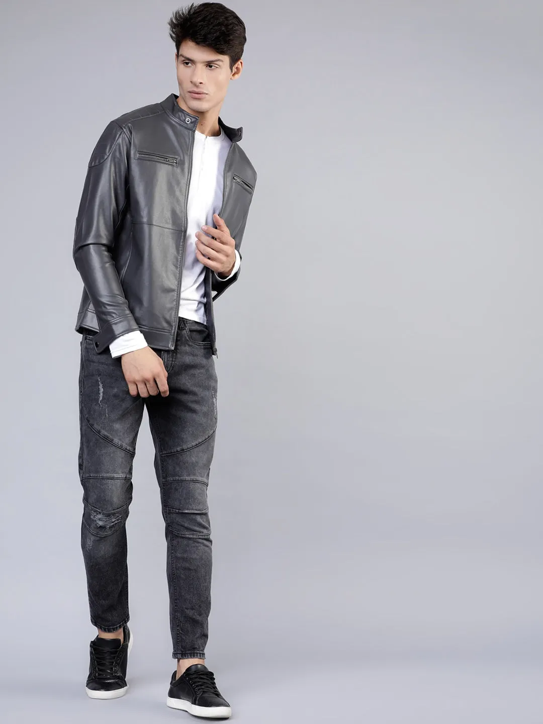 Men Charcoal Grey Leather Biker Jacket | QAWACH