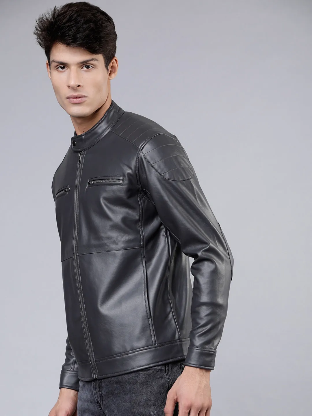 Men Charcoal Grey Leather Biker Jacket | QAWACH