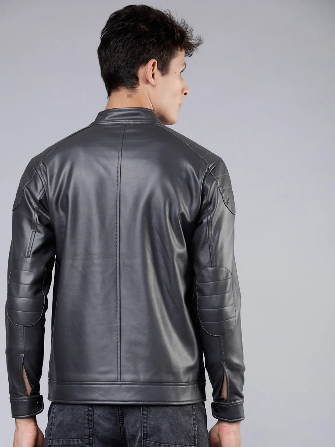 Men Charcoal Grey Leather Biker Jacket | QAWACH