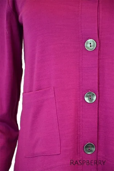MERINO CRESCENT HEM CARDIGAN WITH POCKETS LONG SLEEVES ROUND NECK RASPBERRY