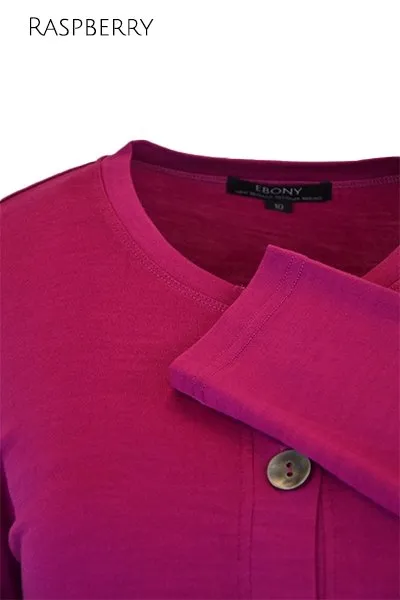 MERINO CRESCENT HEM CARDIGAN WITH POCKETS LONG SLEEVES ROUND NECK RASPBERRY