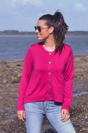 MERINO CRESCENT HEM CARDIGAN WITH POCKETS LONG SLEEVES ROUND NECK RASPBERRY