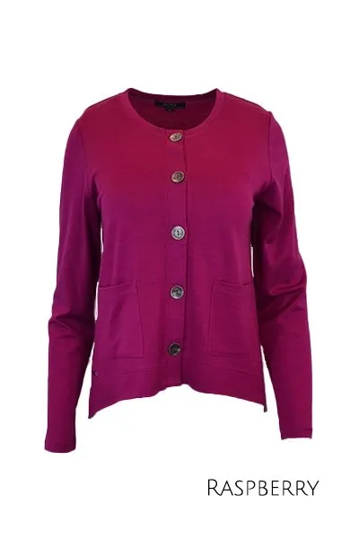 MERINO CRESCENT HEM CARDIGAN WITH POCKETS LONG SLEEVES ROUND NECK RASPBERRY