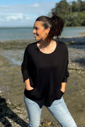 MERINO SWEATER WITH FRONT POCKETS & 3/4 SLEEVES BLACK