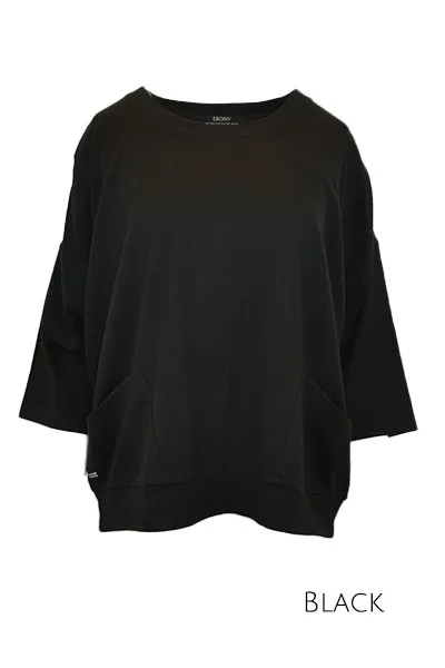 MERINO SWEATER WITH FRONT POCKETS & 3/4 SLEEVES BLACK