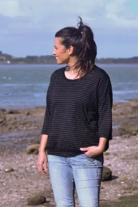 MERINO SWEATER WITH FRONT POCKETS & 3/4 SLEEVES STRIPE BLACK/GREY