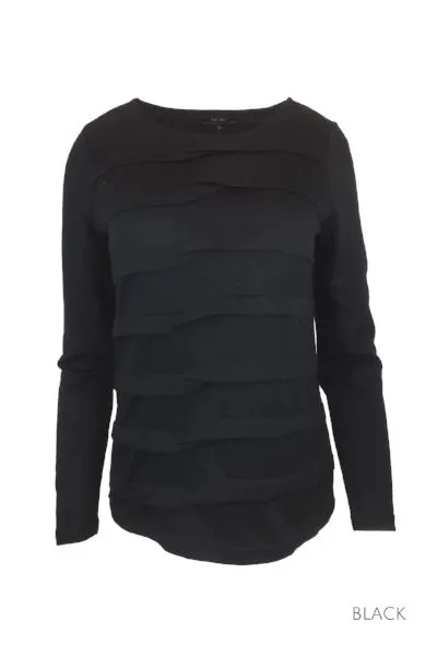 MERINO TUCK PLEAT TOP WOMENS LONG SLEEVES ROUND NECK BLACK