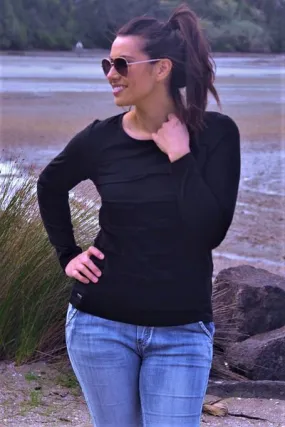 MERINO TUCK PLEAT TOP WOMENS LONG SLEEVES ROUND NECK BLACK