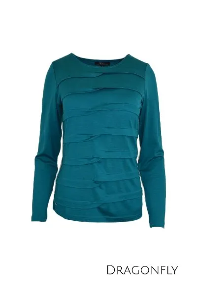 MERINO TUCK PLEAT TOP WOMENS LONG SLEEVES ROUND NECK DRAGONFLY