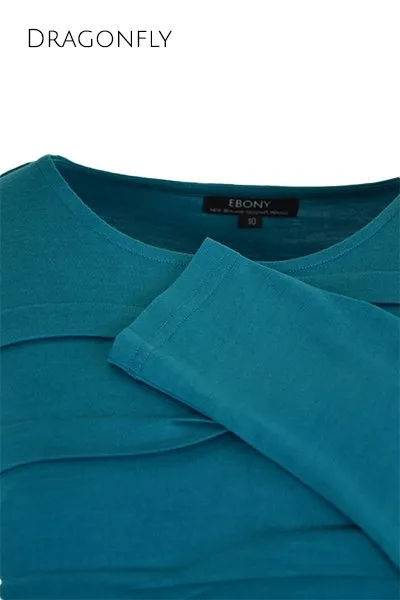 MERINO TUCK PLEAT TOP WOMENS LONG SLEEVES ROUND NECK DRAGONFLY
