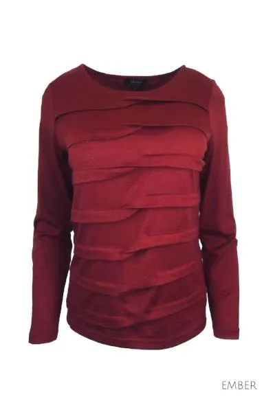 MERINO TUCK PLEAT TOP WOMENS LONG SLEEVES ROUND NECK EMBER