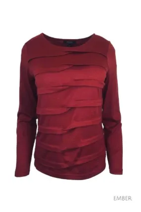 MERINO TUCK PLEAT TOP WOMENS LONG SLEEVES ROUND NECK EMBER